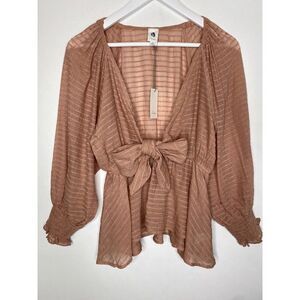 Flawless Long-Sleeve Tie-Front Crop Blouse Deep V-Neck & See Through, Pink, Sz S